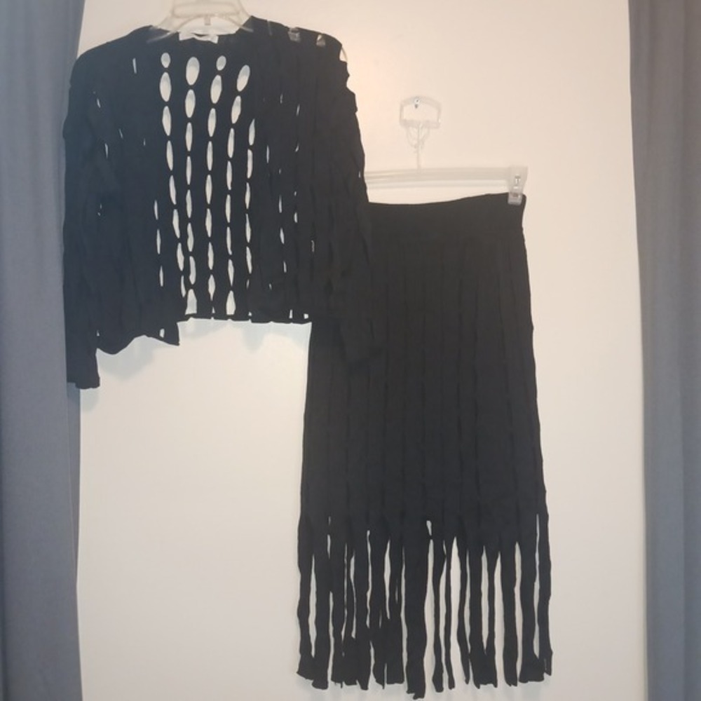 Viviane Furrier Black Knit Sweater Cardigan and Fringe Skirt Set Small